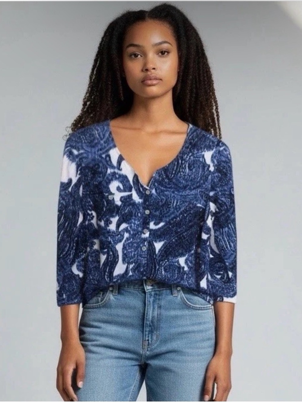 Jones New York Navy and White Printed Button-Front Top - Picture 1 of 5